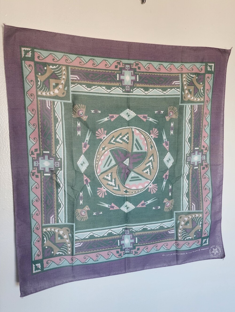 Vintage Cotton Bandana 90s USA Native American Wamcraft Lavender Green 21"×21"